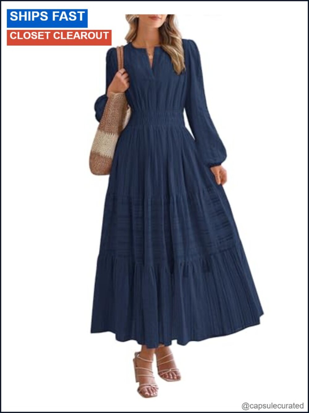 Womens Long Sleeve V Neck Maxi Dress Tiered Ruffle A Line Casual